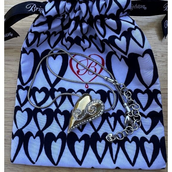 Brighton Pendant Necklace 16" Swarovski Crystal Silver Gold Tone Puffy Heart - Picture 2 of 11